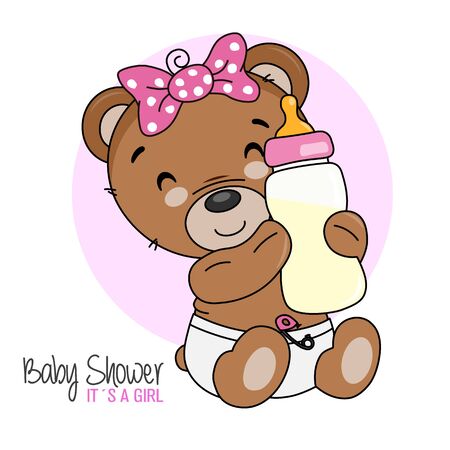 Smiling bear with bottle. Baby shower cardのイラスト素材