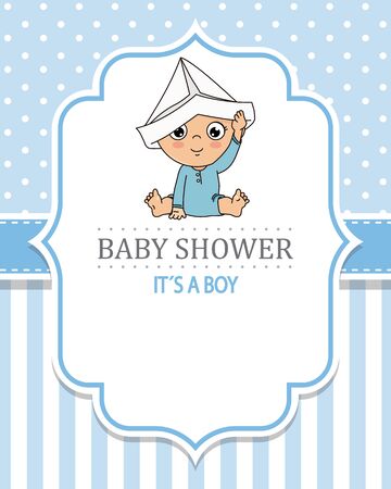Baby boy playing with a paper cap. baby shower card.のイラスト素材