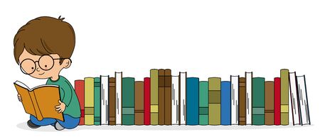 Boy reading with a batch of booksのイラスト素材