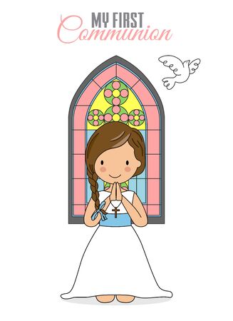 Invitation my first communion. Girl praying with church window behindのイラスト素材
