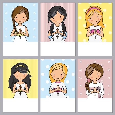 set of 6 first communion girl cardsのイラスト素材