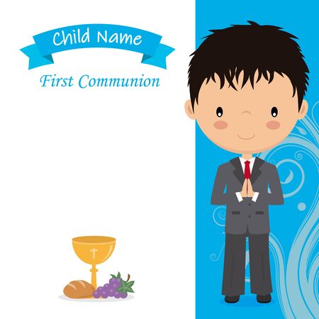 Communion Card. Little boy praying. Space for textのイラスト素材