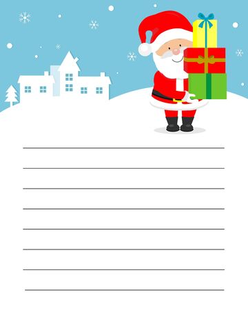 Letter for Santa Claus. Santa with a lot of gifts and the city in the backgroundのイラスト素材