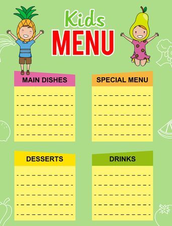 Poster kids menu. Children dressed as fruit and space for textのイラスト素材