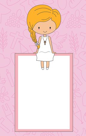 My first communion card. Girl sitting in a frameのイラスト素材