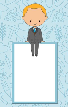 My first communion card. Boy sitting in a frameのイラスト素材