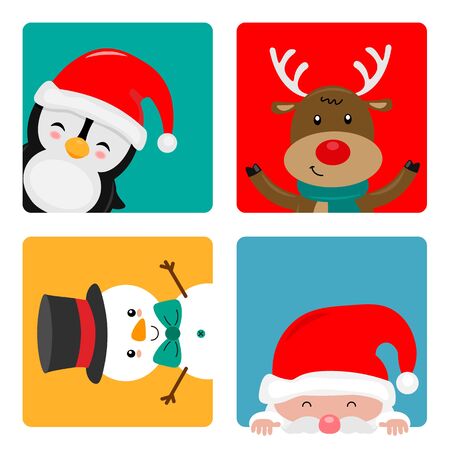 Christmas card. Santa Claus, penguin, reindeer and snowmanのイラスト素材
