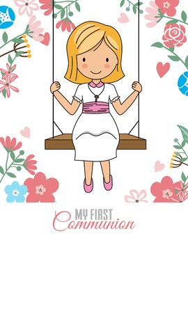 Communion Card. Girl on swing and flower backgroundのイラスト素材