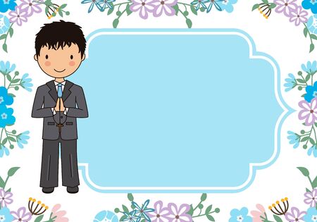 Communion Card. Boy praying with flowers backgroundのイラスト素材