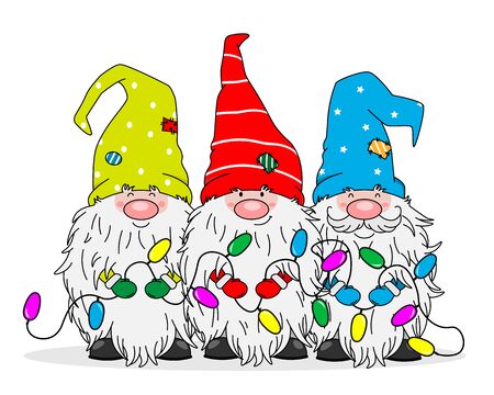 Christmas greeting card. Three gnomes with Christmas lightsのイラスト素材