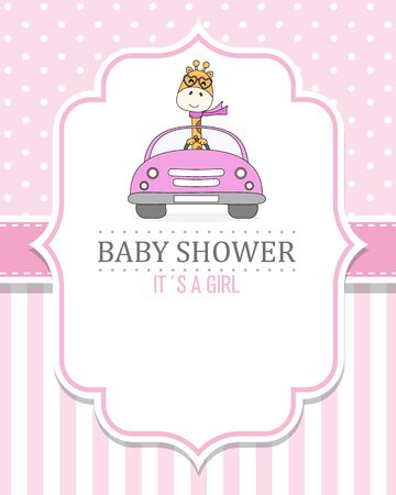 baby girl shower card. Giraffe driven a carのイラスト素材