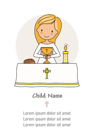 Communion girl card. Girl in the church with chaliceのイラスト素材