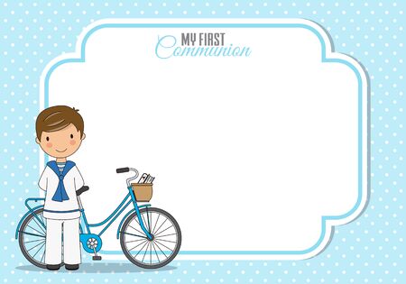 Boy communion card. Boy with bicycle. Frame with space for textのイラスト素材