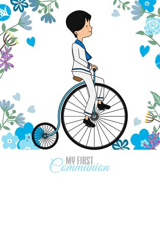 My first communion card. Boy riding vintage bicycle. Flower background and space for textのイラスト素材