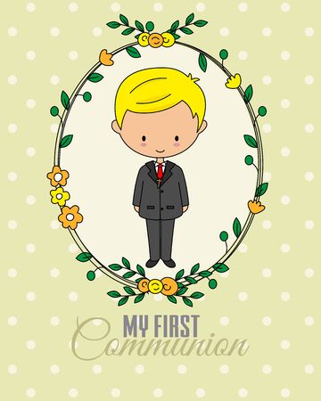 First communion card. Boy inside flower frameのイラスト素材