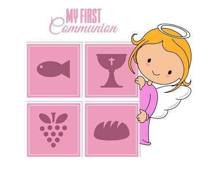 Communion or baptism card. Angel with religious icons. Isolated vectorのイラスト素材