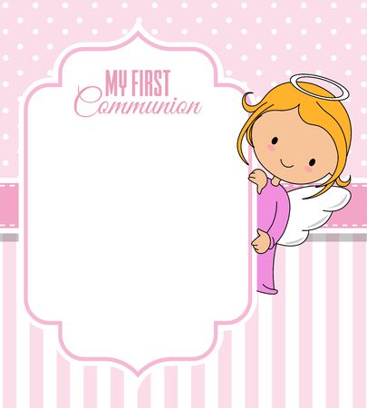 Communion or baptism card. Angel with frame. Space for textのイラスト素材