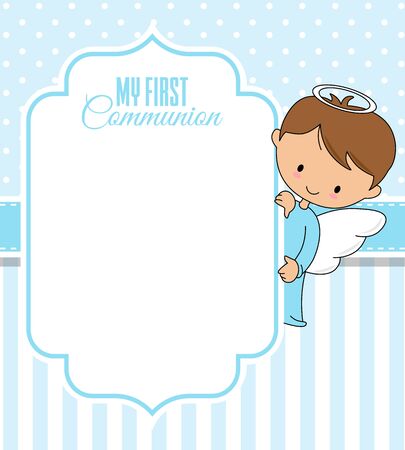 Communion or baptism card. Angel with frame. Space for textのイラスト素材