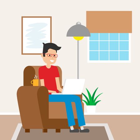 Man sitting on the sofa working with laptop. Telecommutingのイラスト素材