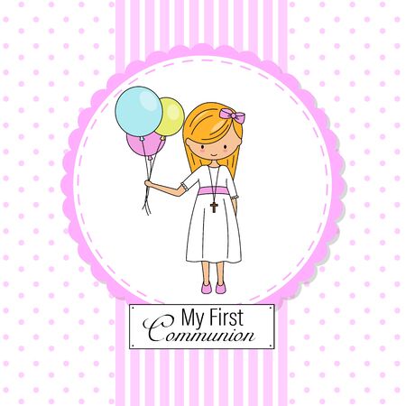 First communion card. Little girl with colored balloonsのイラスト素材