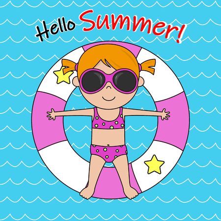Happy summer card. Little girl sunbathing on top of a floatのイラスト素材