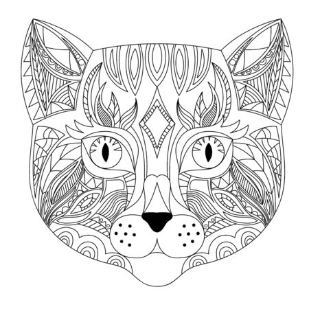 Cat head coloring book illustration. Antistress coloring for adults. black and white lines. Print for t-shirts and coloring books.のイラスト素材