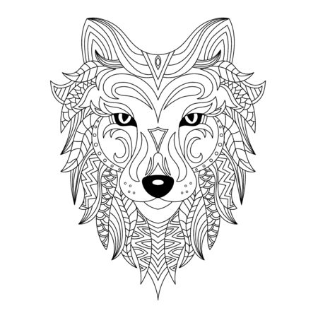 Wolf head coloring book illustration. Antistress coloring for adults. black and white lines. Print for t-shirts and coloring books.のイラスト素材