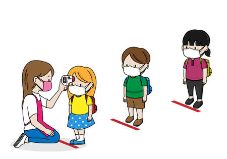 School children lining up with distance to measure their fever. Isolated vectorのイラスト素材