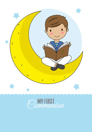 Invitation my first communion. Boy sitting on the moon reading the bible.のイラスト素材