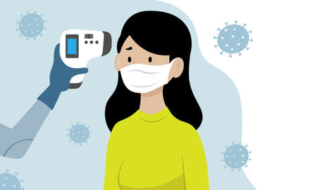 Prevention covid-19. Person measuring temperature to a woman. Isolated vectorのイラスト素材