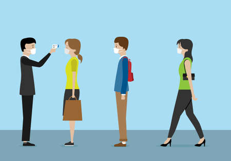 Prevention covid-19. Person taking temperature to a group of peopleのイラスト素材