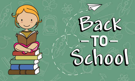 Back to school. Girl reading. Green background with education iconsのイラスト素材