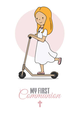 First communion card. Girl on scooter. isolated vectorのイラスト素材