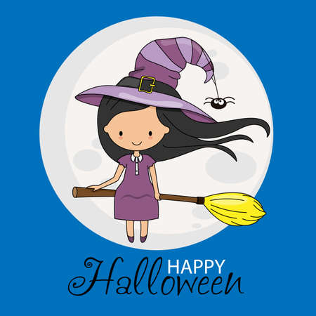 Halloween card. Witch girl flying on broomstickのイラスト素材