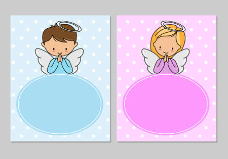 Angel girl and boy praying. Frame with space for textのイラスト素材