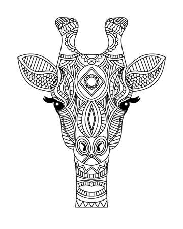 Giraffe head coloring book illustration. Antistress coloring for adults. black and white lines. Print for t-shirts and coloring books.のイラスト素材