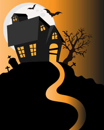 Happy Halloween card. Scary house with cemetery and bats. Space for textのイラスト素材