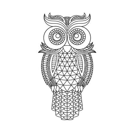 owl head coloring book illustration. Antistress coloring for adults. black and white lines. Print for t-shirts and coloring books.のイラスト素材