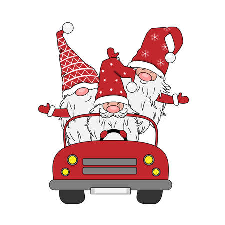 Christmas card. Three gnomes in a carのイラスト素材
