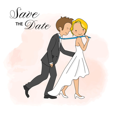 Wedding invitation card. Wedding couple in funny pose. Isolated vectorのイラスト素材
