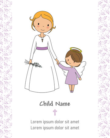 First communion card. Girl holding the hand of an angel.のイラスト素材