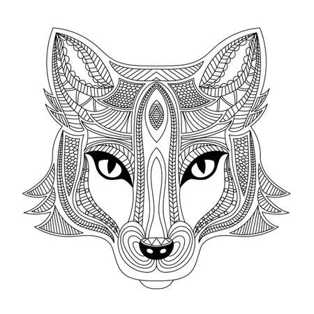 Fox head coloring book illustration. Black and white lines. Print for t-shirts and coloring books.のイラスト素材
