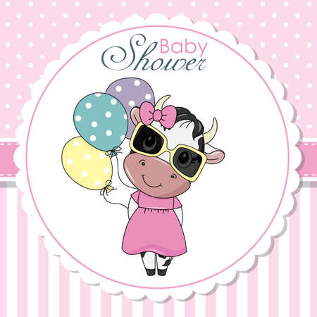 Baby shower card. Cute cow with balloons and sunglassesのイラスト素材