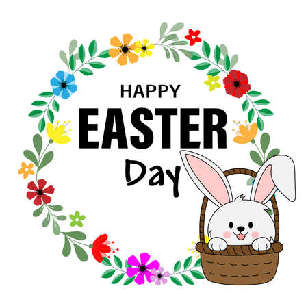 Happy easter card. Flower frame and rabbit in a basket.のイラスト素材