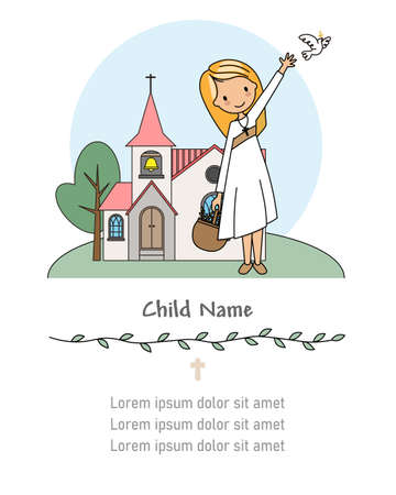 My first communion card. Girl with church in backgroundのイラスト素材