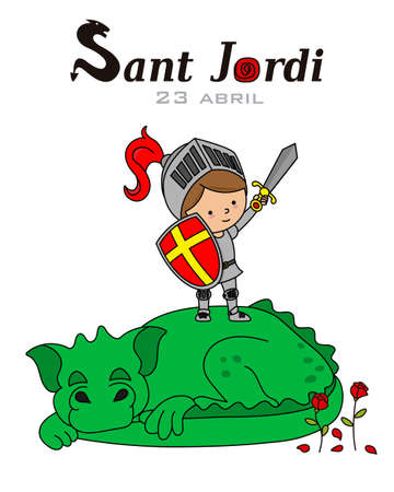 Sant Jordi traditional festival of Catalonia Spain. Knight on top of a dragonのイラスト素材