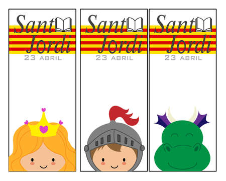 Sant Jordi traditional festival of Catalonia Spain. Three bookmarks with a dragon, a princess and a knightのイラスト素材