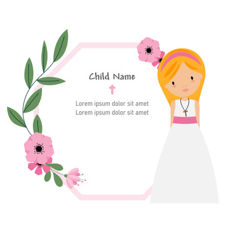 My first communion card. Girl with flower frame to enter text. Isolated vectorのイラスト素材