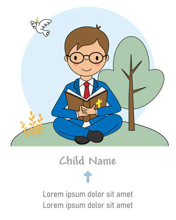 My first communion card. Boy reading the bibleのイラスト素材