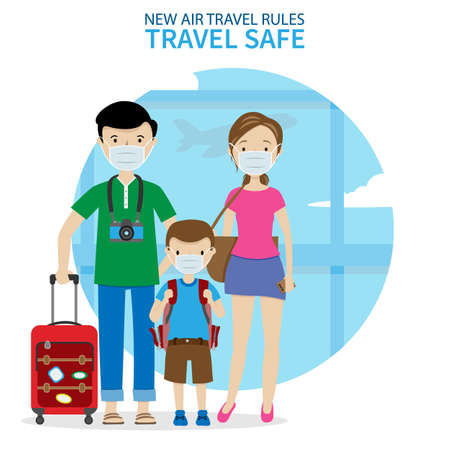 Family at the airport with masks. Travel safeのイラスト素材